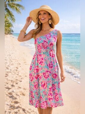 One-Shoulder Floral Midi Dress in Pink & Aqua